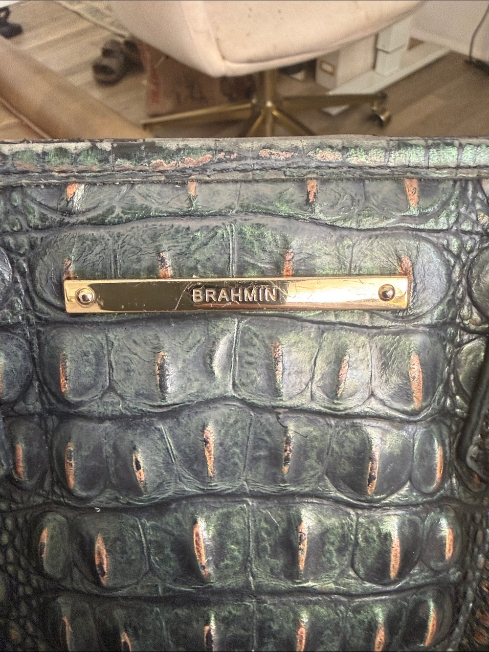 Brahmin Metallic Green Croc Embossed Leather Satchel Crossbody Purse Mini Asher - Picture 12 of 12
